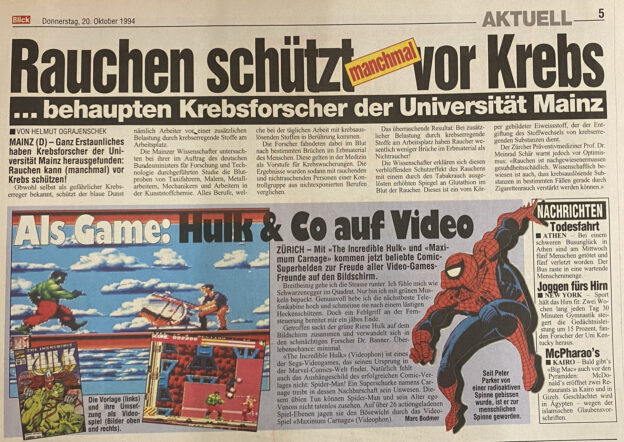 Page from tabloid Blick with an article about the video games Spider-Man and Hulk, date October 30, 1994.